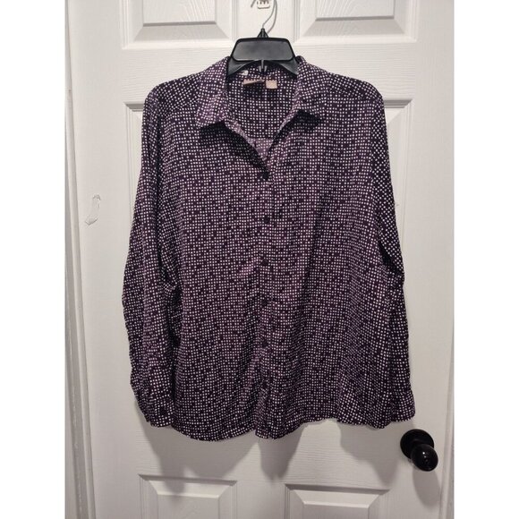 Chicos Size 3 XL/16 Purple White Ditsy Geo Roll Tab LS Buttonup Top Classic EUC - Picture 11 of 11